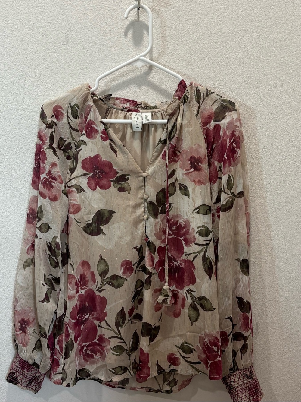 Joie Blush Beige Floral Tie-Neck Blouse with Rose Accents